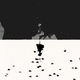 Gris stands on a starkly black-and-white contrast frame as birds swell around her silhouette.